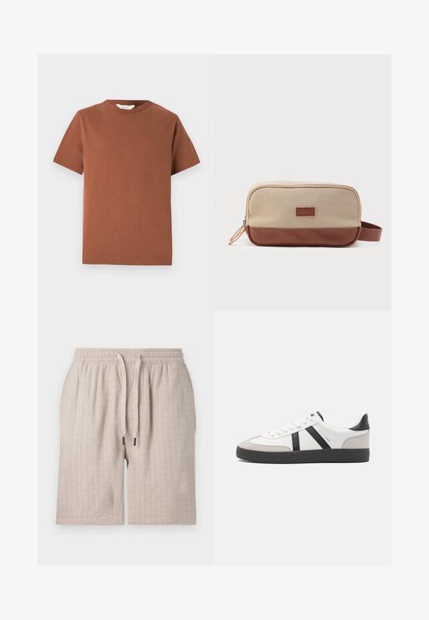 Braunes Kurzarm-T-Shirt mit Rundhalsausschnitt aus weichen Baumwollmaterial, das ein schlichtes Design ohne sichtbare Muster oder Verzierungen aufweist.; Beige, strukturierte Shorts mit elastischem Bund und Kordelzug. Mit einem dezenten Karomuster und lockerer Passform. Keine sichtbaren Taschen.; Weiße Sneaker mit schwarz- und grau-aczenten, ausgestattet mit einer strukturierten grauen Zehenkappe, schwarzer Gummi-Sohle und flachen weißen Schnürsenkeln. Sauberes Design, minimalistische Stil.; Rechteckige beigen und braune Kulturbeutel mit seitlichem Griff und vorderem Logo-Patch, Reißverschluss mit zwei beigen Ziehern, vor weißem Hintergrund.