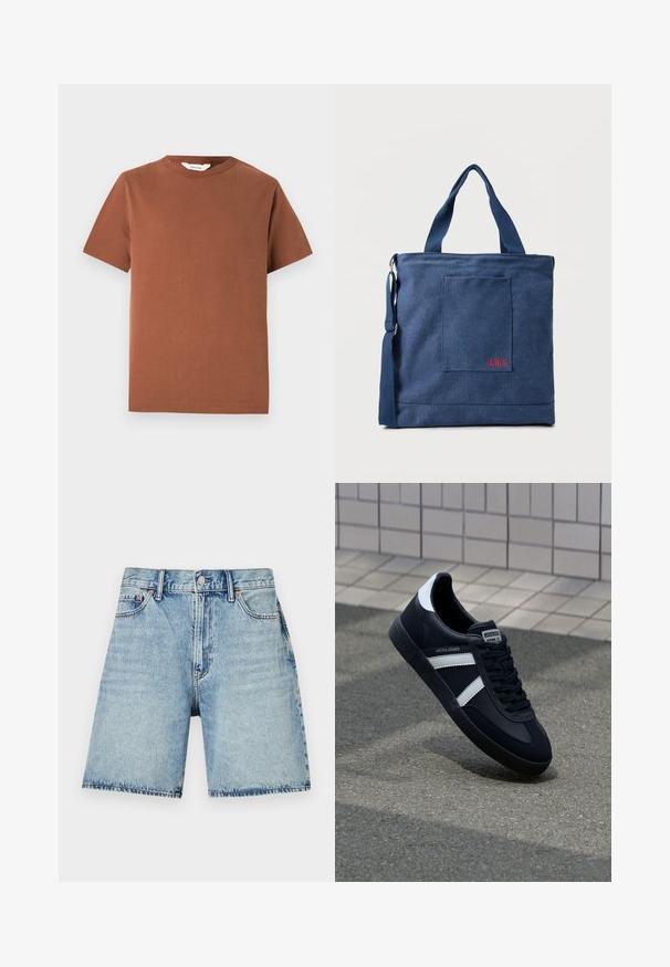 Brun kortærmet t-shirt med rund hals lavet af blød bomuld, med et enkelt design uden synlige mønstre eller dekorationer.; Lysblå denimshorts med lige pasform, fem lommer og synligt syning. Har knaplukning foran.; Sort lædersneaker med hvide striber, tekstureret gummisål og snørrebånd foran. Har et brandet mærke på tungen.; Blå lærredstote taske med frontlomme og rød "O.N.S" broderi, med to håndtag og en justerbar skulderrem.