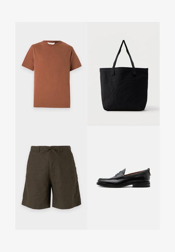 Bruine T-shirt met korte mouwen en ronde hals, gemaakt van zachte katoen. Het heeft een eenvoudig ontwerp zonder zichtbare patronen of versieringen.; Khaki shorts van linnen, met een verstelbare tailleband, zijzakken en een comfortabele pasvorm met een gladde textuur.; Zwarte leren herensloffen met moc toe stiksel, pennyriem, gestructureerde kraag en lage gestapelde hak op witte achtergrond.; Zwarte canvas tas met twee schouderbanden en een subtiel, ingebosseleerd cirkelvormig ontwerp aan de voorkant.