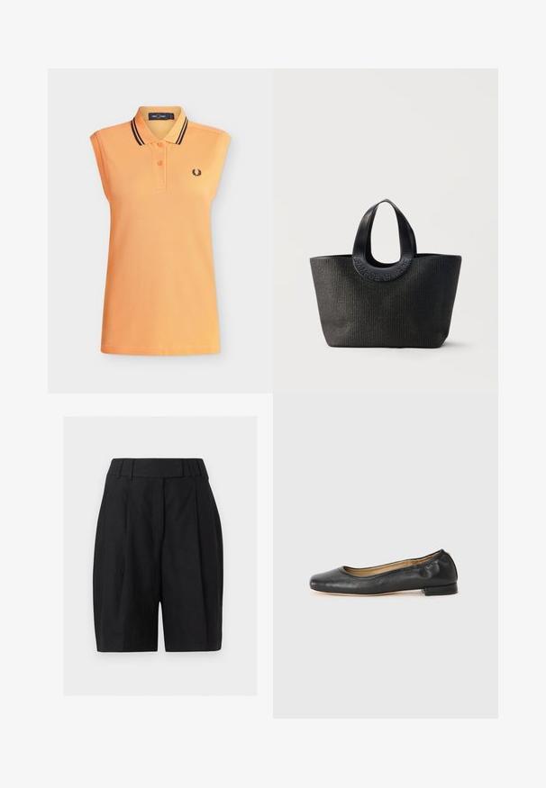 Polo orange sans manches avec deux boutons, doubles rayures noires sur le col, et petit logo couronne de laurier noire sur la poitrine.; Shorts noirs taille haute ajustés, avec passants de ceinture, plis à l’avant et fermeture éclair dissimulée.; Ballerines en cuir noir avec un bout arrondi et des coutures minimales. Talon bas et rectangulaire avec une texture lisse. Détails subtils de doublure intérieure.; Sac cabas noir texturé avec de larges poignées arrondies présentant le nom de la marque embossé "Samsøe Samsøe" sur fond neutre.