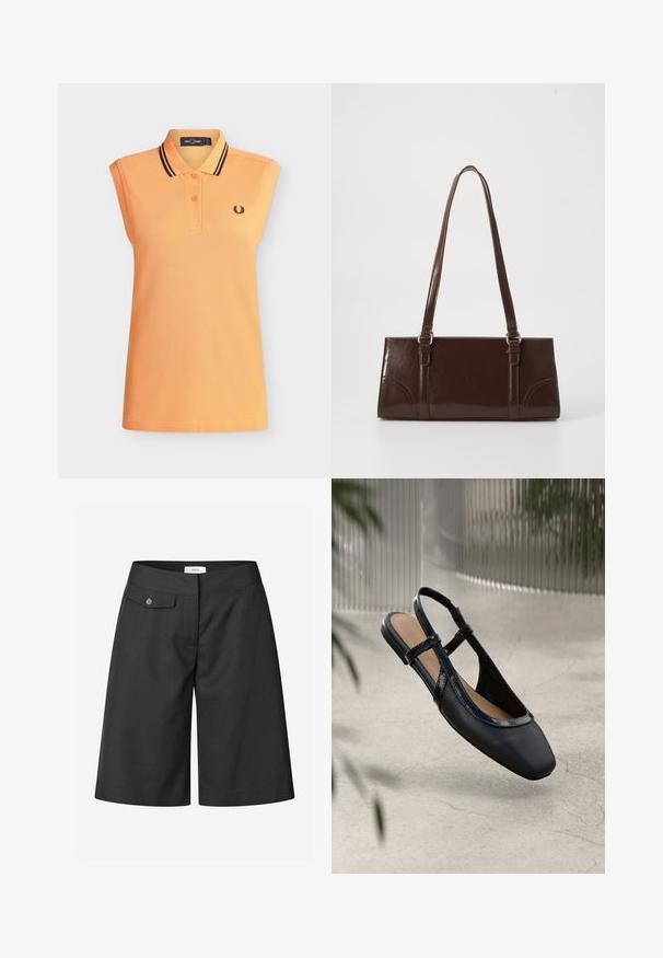 Polo orange sans manches avec deux boutons, doubles rayures noires sur le col, et petit logo couronne de laurier noire sur la poitrine.; Shorts noirs sur mesure en tissu lisse, dotés d'une poche latérale avec détail bouton, et d'une coupe à jambes larges pour un ajustement décontracté.; Chaussure plate slingback en cuir noir avec un orteil carré, dotée d'un fini verni brillant et de sangles ajustables pour un maintien sécurisé.; Sac à main en cuir verni marron de forme rectangulaire, avec deux longues poignées et des accents courbés subtils à l'avant.