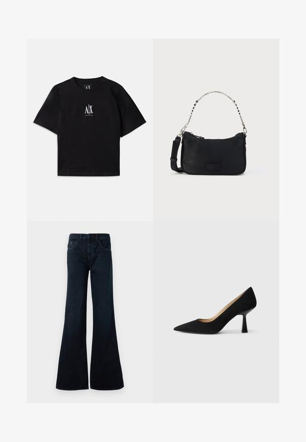 Schwarzes Baumwoll-T-Shirt mit kurzen Ärmeln und Rundhalsausschnitt. Mit einem weißen Logo, das zentral auf der Brust platziert ist. Einfaches, minimalistisches Design.; Dunkelblaue Schlagjeans aus Denim. Sie verfügen über eine hohe Taille, zwei Vordertaschen und ein sauberes Finish ohne sichtbare Beschläge.; Schwarze Wildleder-Pumps mit hohem Absatz und spitzer Zehenform, ausgestattet mit einem glänzenden schwarzen Blockabsatz und einem glatten Innenfutter.; Schwarze Stoff-Schultertasche mit Reißverschluss oben, Ketten- und Lederriemen sowie einem strukturierten Logo-Patch auf der Vorderseite. Verfügt über eine glatte Außenseite.