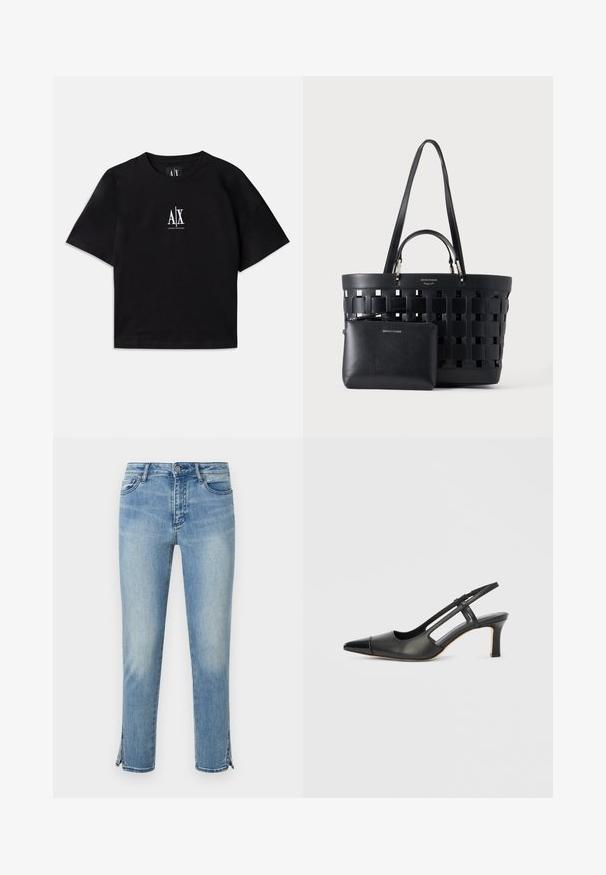 Schwarzes Baumwoll-T-Shirt mit kurzen Ärmeln und Rundhalsausschnitt. Mit einem weißen Logo, das zentral auf der Brust platziert ist. Einfaches, minimalistisches Design.; Hellblaue ausgewaschene Jeans mit Vorderknopf, Taschen und Knöchelschlitzen auf beiden Seiten, vor weißem Hintergrund dargestellt.; Schwarzer Slingback-Schuh aus Leder mit spitz zulaufender Zehenpartie, versehen mit glänzendem Akzent auf der Vorderkappe und mittelhohem Absatz. Offenes Seitendesign.; Schwarze gewebte Tragetasche mit doppelten Griffen und einer kleinen passenden Reißverschlusstasche vorne, beide aus Leder gefertigt.