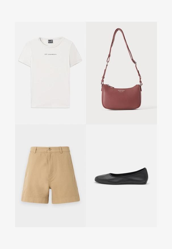 Hvid bomulds t-shirt med rund udskæring og korte ærmer. Har teksten "EA7 EMPORIO ARMANI" i sort på tværs af brystet.; Beige shorts lavet af bomuld, med et klassisk design, der har en frontknaplukning og bæltestropper. Glat tekstur med sidelommer.; Sort læderballetsko med rund tå, glat tekstur, minimal syning og et fleksibelt såldesign.; Lille tekstureret violet læderskuldertaske med justerbar rem og sølvlynlås, med Emporio Armani Milano 1981-logo på fronten.