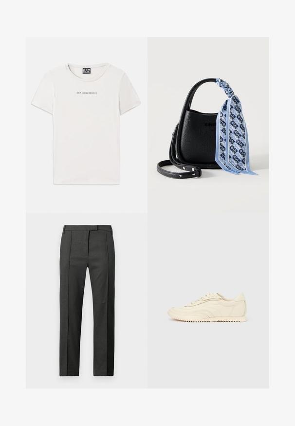 Biely bavlnený tričko s okrúhlym výstrihom a krátkymi rukávmi. Na prednej strane má text "EA7 EMPORIO ARMANI" v čiernej farbe.; Tmavohnedé strihané nohavice s predným sklonom, pútka na opasok a skryté predné zapínanie, vystavené na bielom pozadí.; Nízke krémové tenisky s vlnovitým prešívaním, šnurovaním a rebrovanou podrážkou, zobrazené z boku na jednoduchom pozadí.; Čierna štruktúrovaná kožená kabelka s krátkou rúčkou a dlhým popruhom, s uzlami viazanou modrou vzorovanou šatkou na rúčke.