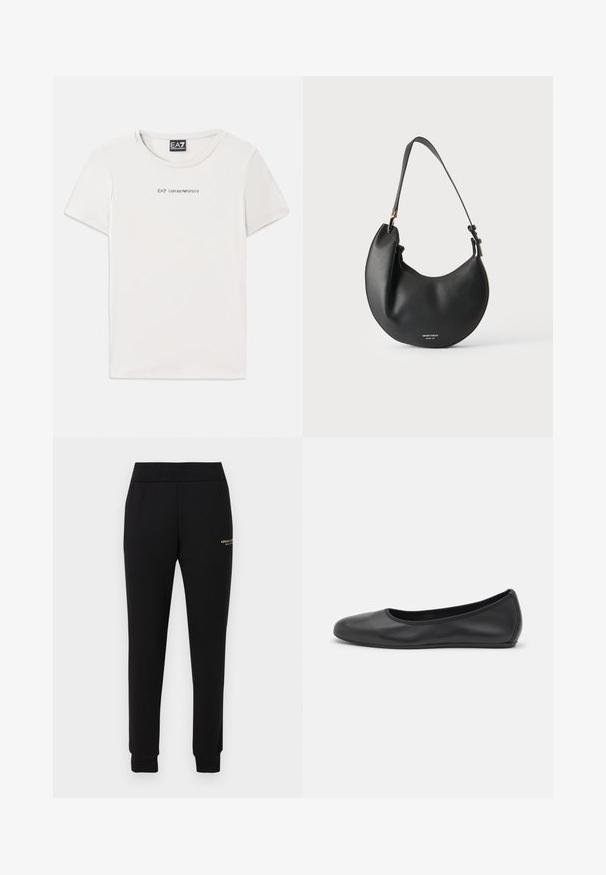 Biely bavlnený tričko s okrúhlym výstrihom a krátkymi rukávmi. Na prednej strane má text "EA7 EMPORIO ARMANI" v čiernej farbe.; Čierne zužujúce sa tepláky s elastickým pásom a manžetami, s malým zlatým logom „Armani Exchange“ na pravom stehne.; Čierne kožené baleríny s okrúhlou špičkou, hladkým povrchom, minimálnym prešívaním a flexibilným dizajnom podrážky.; Čierna kožená kabelka v tvare polmesiaca s nastaviteľným remienkom a malým bielym logom vpredu na svetlom pozadí.