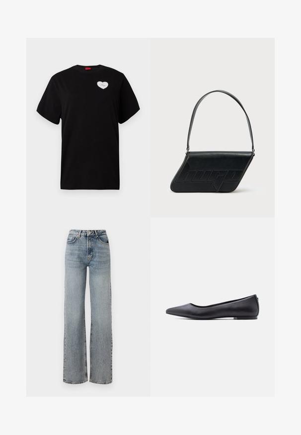 Schwarzes T-Shirt mit kurzen Ärmeln aus Baumwolle. Es hat auf der linken Brustseite ein herzförmiges, weißes Patch mit dem Schriftzug "Hugo" in einer Schreibschrift.; Helleblaue Jeans aus Denim mit hoher Taille, weitem Bein, verwaschenem Finish und subtilen distressierten Details. Klassischer Fünf-Taschen-Stil.; Schwarzer flacher Lederschuh mit spitzer Kappe und niedrigem Absatz, seitlich vor weißem Hintergrund gezeigt.; Schwarze Leder-Umhängetasche mit dreieckiger Form, geprägt mit Logo und einem einzigen verstellbaren Riemen. Minimalistisches Design mit glatter Textur.