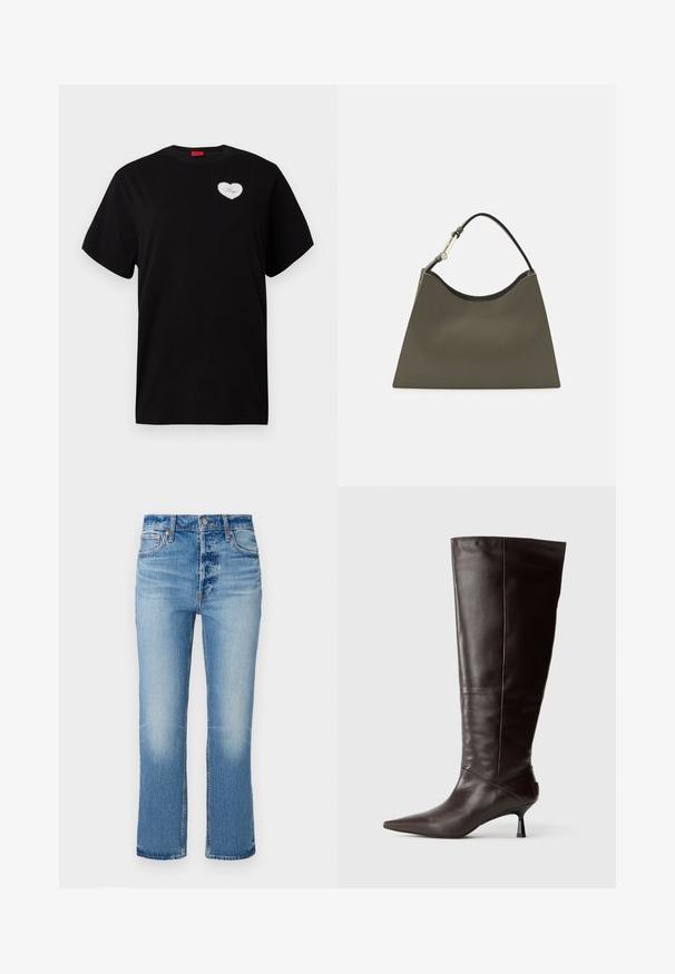 Schwarzes T-Shirt mit kurzen Ärmeln aus Baumwolle. Es hat auf der linken Brustseite ein herzförmiges, weißes Patch mit dem Schriftzug "Hugo" in einer Schreibschrift.; Helleblaue Denim-Jeans mit geradem Bein, die an den Oberschenkeln verblasst sind, mit Knopfverschluss und klassischem Fünf-Taschen-Design.; Braune Lederstiefel bis zum Knie mit spitzem Zeh und schlanker Ferse. Glatte Textur und elegantes Design, mit einer minimalistischen Silhouette.; Olivgrüne Handtasche mit glatter Oberfläche, abgerundetem oberen Rand und einem einzelnen schwarzen Griff. Sie zeichnet sich durch ein minimalistisches Design und eine dreieckige Basis aus.