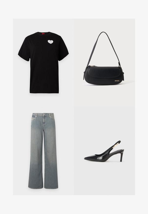 Sort kortærmet T-shirt lavet af bomuld. Har en hjerteformet hvid lap med "Hugo" i kursiv skrift på venstre brystområde.; Lyseblå jeans med brede ben lavet af denim, der har et klassisk design med fem lommer, lynlås- og knaplås samt frynset kant.; Sort læder slingback højhælede sko med spidse tæer, glat overflade og en smal ankelrem med guldfarvede hardware detaljer.; Sort skuldertaske i læder med buet klap, guld "HUGO" logo på forsiden og enkelt justerbar strop.