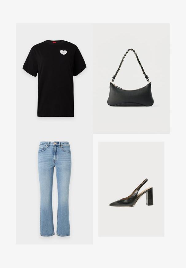 Schwarzes T-Shirt mit kurzen Ärmeln aus Baumwolle. Es hat auf der linken Brustseite ein herzförmiges, weißes Patch mit dem Schriftzug "Hugo" in einer Schreibschrift.; Helle blaue Denim-Jeans mit einem ausgestellten Schnitt, hoher Taille, fünf Taschen und goldenen Beschlägen. Sie zeichnet sich durch eine ausgewaschene Optik und gestickte Details aus.; Schwarzer Leder-Damenslingback-Schuh mit spitzer Zehenpartie und dickem hohem Blockabsatz vor weißem Hintergrund.; Schwarze Lederschultertasche mit gewölbter rechteckiger Form, goldener Kette, die in den geflochtenen schwarzen Riemen eingewebt ist, und Reißverschlussverschluss oben.
