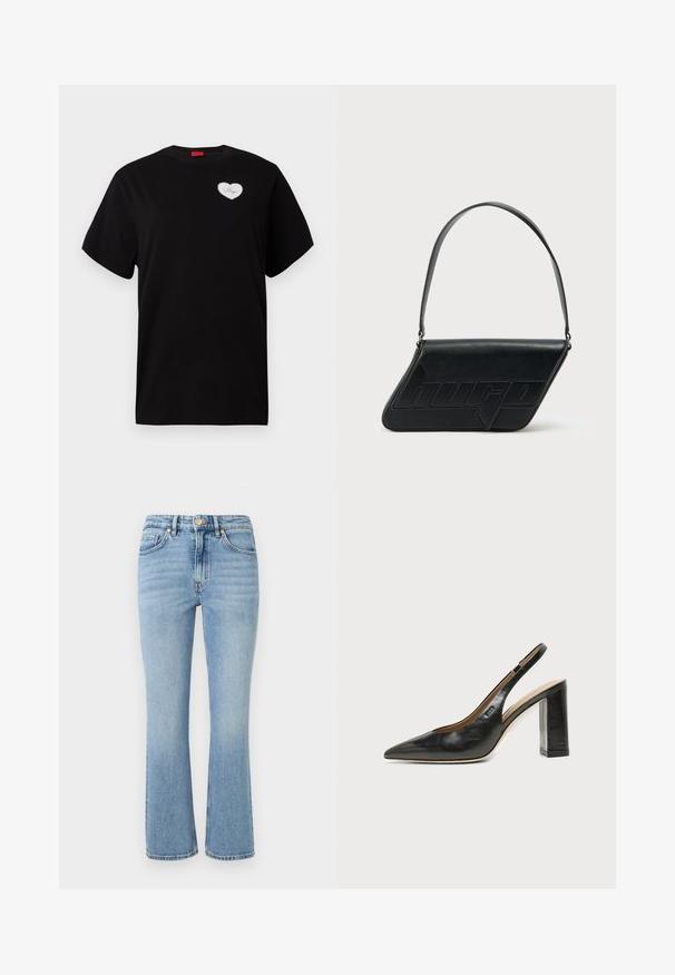 Sort kortærmet T-shirt lavet af bomuld. Har en hjerteformet hvid lap med "Hugo" i kursiv skrift på venstre brystområde.; Lys blå denim jeans med en udvidet design, høj talje, fem lommer og guld hardware. Funktioner en falmet vask og stikninger.; Sort læder peep-toe slingback sko med høj blokhæl og beige indvendig foring mod en ensfarvet lys baggrund.; Sort skuldertaske i læder med trekantet form, præget logo og en enkelt justerbar rem. Minimalistisk design med glat tekstur.