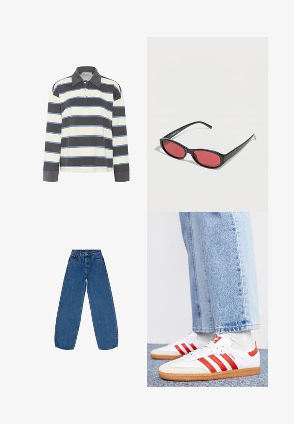 Polo de manga larga en rayas horizontales de color azul marino y blanco con acentos en azul claro. Presenta un cuello con solapa y una tapeta de tres botones.; Jeans de denim azul con un corte holgado, cintura alta, piernas rectas y diseño tradicional de cinco bolsillos con cierre de botón.; Zapatillas de cuero blancas con rayas y detalles rojos. Cuentan con una suela de goma texturizada y un collar acolchado. Llevadas con denim azul claro.; Gafas de sol ovaladas negras con varillas delgadas y lentes tintados de rojo descansando sobre una superficie blanca.