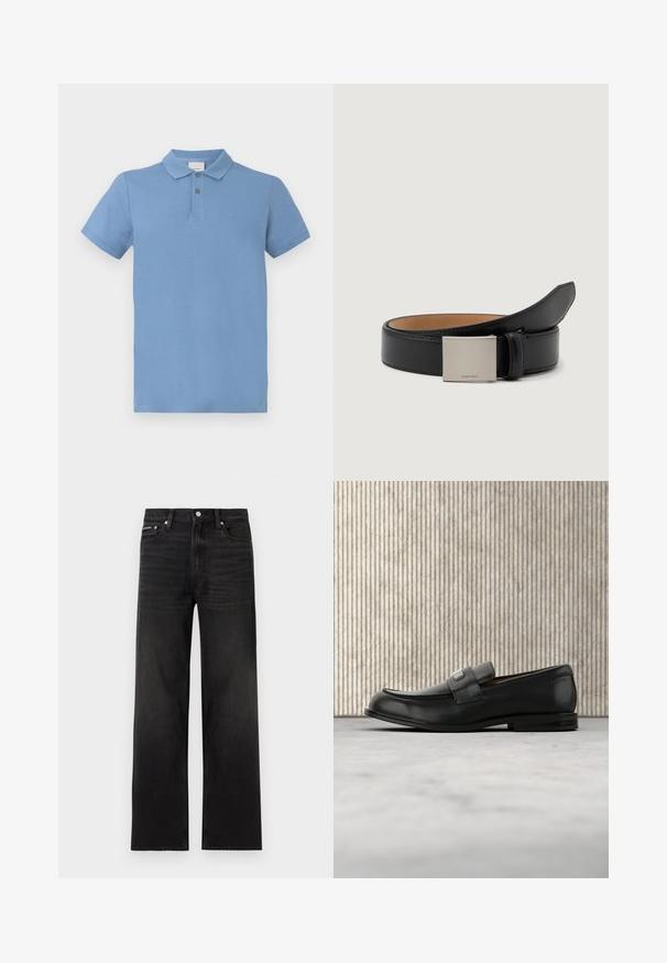 Polo azul claro hecho de algodón, con una tapeta de tres botones, mangas cortas y un sutil logo bordado en el pecho.; Jeans negros de pierna recta con diseño de cinco bolsillos, presillas para cinturón y cierre de botón, mostrados sobre un fondo blanco.; Mocasín de cuero negro con una placa metálica de marca apoyado cerca de una mesa redonda marrón sobre un suelo alfombrado beige.; Cinturón de cuero negro con un acabado suave, que presenta una hebilla cuadrada de plata grabada con "Calvin Klein" y un forro interior marrón.
