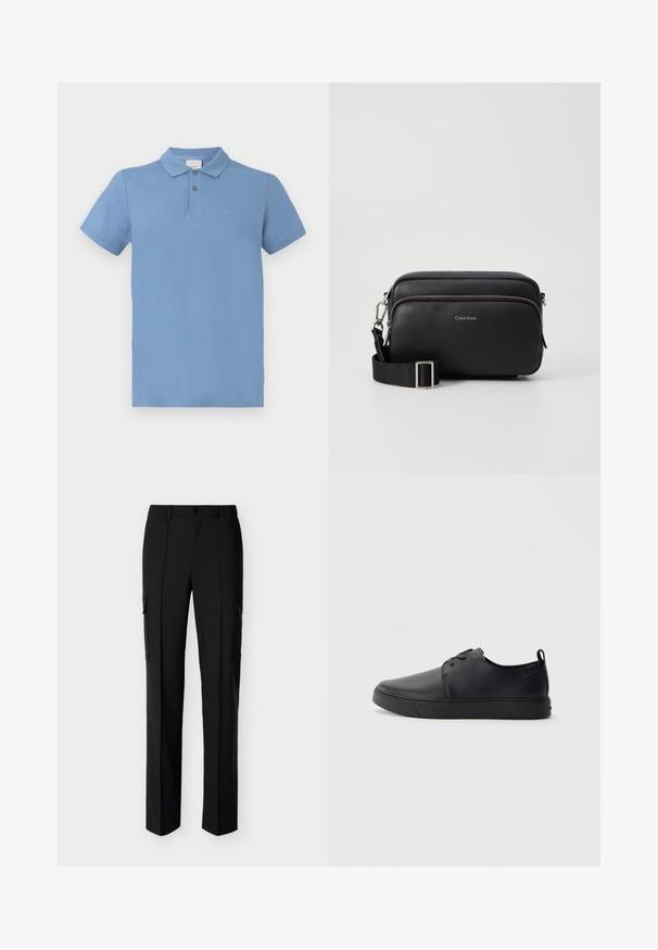 Polo azul claro hecho de algodón, con una tapeta de tres botones, mangas cortas y un sutil logo bordado en el pecho.; Pantalones cargo negros de pierna recta con cierre frontal de botones y bolsillos laterales con solapa, mostrados sobre un fondo blanco.; Zapatilla negra de cuero con acabado suave, punta redondeada, costuras a tono, cordones en la parte delantera y suela de goma plana. Asa en el talón.; Bolso bandolera de cuero negro con dos compartimentos con cremallera, acabado texturizado, correa ajustable y acentos de hardware en plata. Logo de Calvin Klein exhibido.