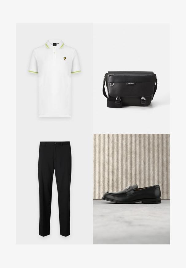 Polo blanc avec col et manches à rayures vertes. Présente un logo brodé jaune sur la poitrine. Fabriqué en tissu lisse.; Pantalons noirs ajustés avec une coupe plate, taille standard et jambes droites. Fabriqués en tissu lisse, dotés d'une fermeture à un bouton.; Mocassin en cuir noir avec une plaque de marque en métal reposant près d'une table ronde marron sur un sol recouvert de moquette beige.; Sac messager Lacoste noir texturé avec bandoulière ajustable, rabat avant, poche zippée et fermetures à boucle en métal.