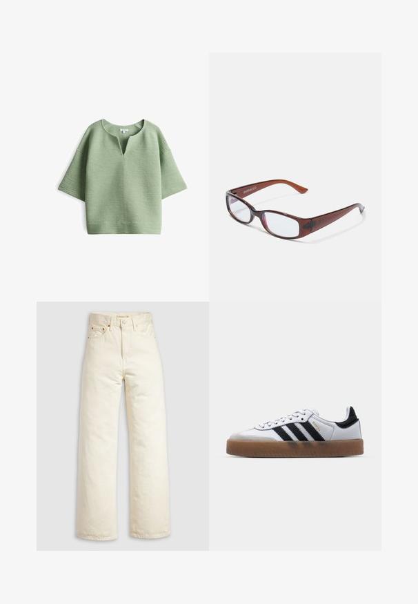 Lichtgroene, textuurrijke top met een V-hals en korte, brede mouwen. Gemaakt van een zacht materiaal met een subtiel, ribbelpatroon.; Wijde jeans van off-white denim, met een hoge taille, koperen klinknagels en een klassiek ontwerp met vijf zakken. Gestructureerde stof met nette zomen.; Witte leren sneakers met zwarte strepen, gumrubberen buitenzool, ronde neus, vetersluiting en een zachte grijze suède neuskap.; Bruin getinte rechthoekige brillen met een glanzende afwerking, met slanke pootjes en doorzichtige glazen. Logo zichtbaar op de linkertempel.