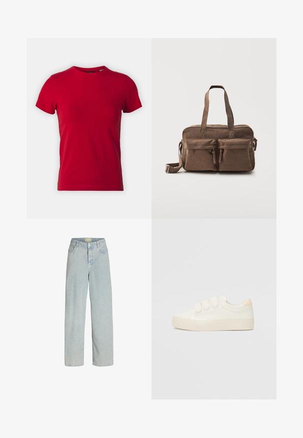 Camiseta de algodón roja con mangas cortas y cuello redondo. Textura suave, corte clásico, sin patrones visibles ni acentos de hardware.; Jeans de denim azul claro de pierna ancha con cintura alta, bolsillos frontales y cierre de botón. La tela tiene una apariencia suave y ligeramente texturada.; Zapatillas blancas con un upper de material sintético liso, tres tiras de velcro, puntera redonda y suela de goma con textura. Acento trasero en beige.; Bolso marrón de pana para hombro y mano con dos bolsillos delanteros con cremallera, asas dobles y una correa lateral ajustable sobre un fondo blanco.