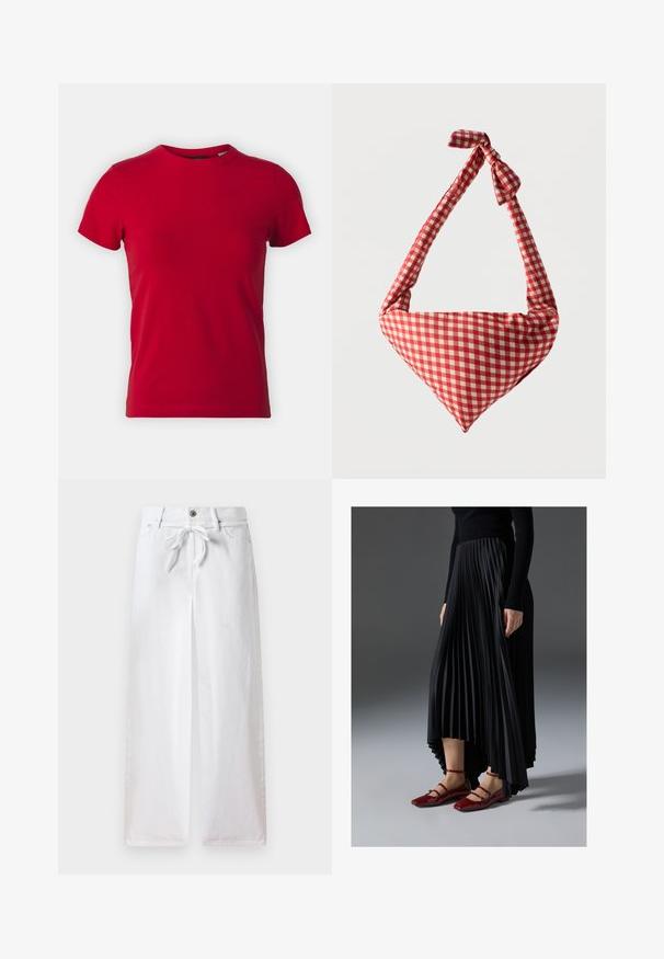 Camiseta de algodón roja con mangas cortas y cuello redondo. Textura suave, corte clásico, sin patrones visibles ni acentos de hardware.; Pantalones anchos de algodón de color blanco. Presentan un lazo ajustable en la cintura y un cierre con botón. Textura suave con un diseño minimalista.; Falda negra plisada con un dobladillo asimétrico, combinada con bailarinas rojas brillantes que tienen un diseño de tiras. La tela tiene una textura suave.; Bolso de tela suave para el hombro con patrón de cuadros rojos y blancos, asa con nudo y forma triangular sobre un fondo liso.
