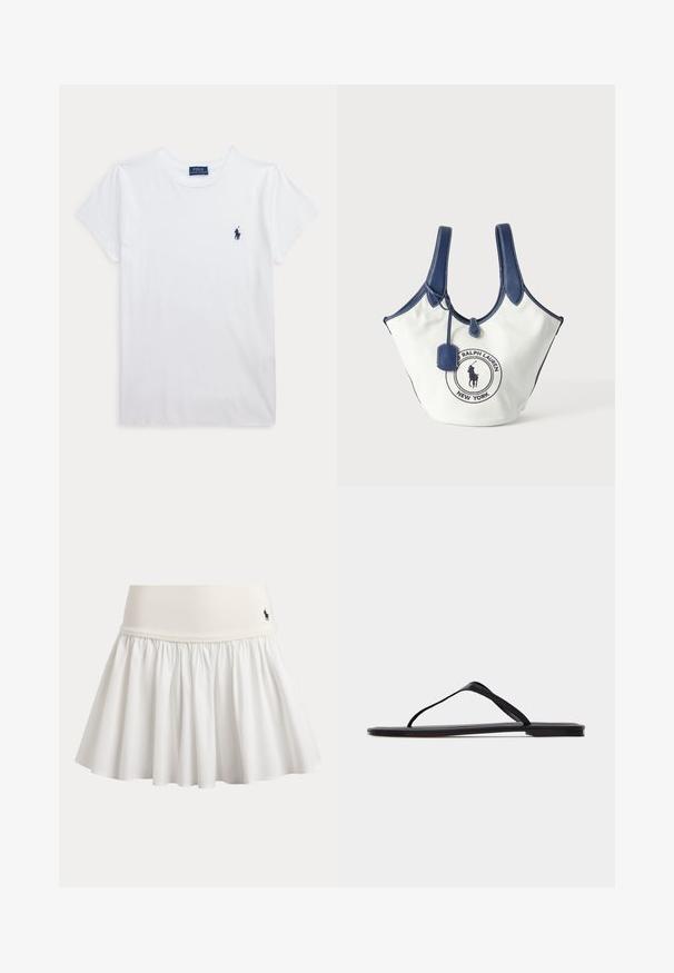 Weißes T-Shirt mit kurzen Ärmeln und Rundhalsausschnitt mit kleinem dunkelblauem Polo Ralph Lauren Logo auf der linken Brust.; Weißer plissierter Tennisrock mit breitem Bund und kleinem schwarzem Logo auf der rechten Seite des Bundes.; Schwarze flache Flip-Flop-Sandale mit dünnen Riemen und minimalistischem Design, seitlich gezeigt auf einem schlichten hellen Hintergrund.; Weiße Canvas-Tasche mit marineblauen Griffen und Besatz, vorne mit Ralph Lauren Logo-Patch und einem kleinen Anhänger.