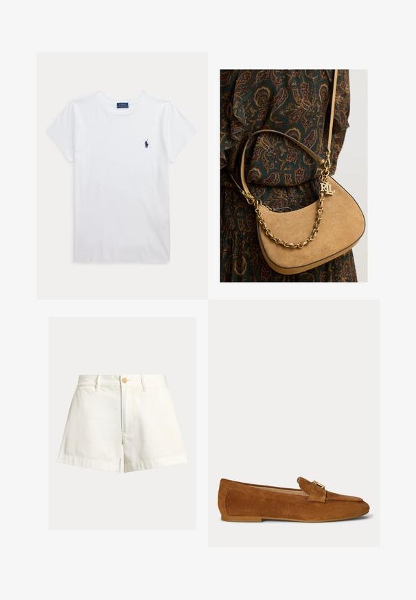 T-shirt blanc à manches courtes et col rond avec un petit logo Polo Ralph Lauren bleu marine sur la poitrine gauche.; Shorts en coton blanc avec une coupe décontractée, dotés d'une fermeture à bouton, d'une jambe droite et d'un ourlet replié. Design simple sans motifs ni accents.; Mocassin plat en daim marron avec un détail de boucle en métal doré sur le dessus et une semelle à petit talon.; Sac à bandoulière en daim couleur camel avec chaîne dorée et pendentif RL, porté sur une robe vert foncé à motif cachemire avec détails volantés.