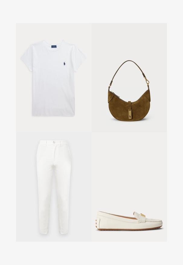 Hvid t-shirt med korte ærmer og rund hals med lille navyblåt Polo Ralph Lauren-logo på venstre bryst.; Hvide bomuldssbukser med slank pasform, der har en enkel knaplukning, fladt front og afsmalnende ben. Stoffet fremstår glat med minimal tekstur.; Hvid læderloafer med tan gummisål og lille guldbeklædt spænde på toppen, vist fra siden på en ensfarvet baggrund.; Brun ruskinds håndtaske med en buet form, guldfarvet hardware og lynlås lukning. Har en kort, justerbar skulderrem.