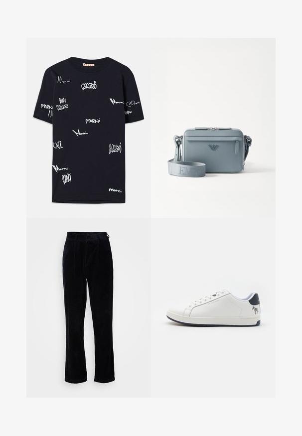 Schwarzes Baumwoll-T-Shirt mit weißen, handgeschriebenen "Marni"-Logos in unterschiedlichen Größen, die über den Stoff verteilt sind, Rundhalsausschnitt und kurzen Ärmeln.; Schwarze Cordhosen mit geradem Bein, ausgestattet mit einem Knopfverschluss und strukturiertem geripptem Stoff. Mittelhoher Bund.; Weiße Leder-Sneaker mit glatter Textur, runder Zehenform, marineblauem Absatzakzent und einem Zebra-Motiv auf der Rückseite. Mit Schnürdesign.; Blau strukturierte Umhängetasche aus strukturiertem Material, mit Reißverschluss, Fronttasche und verstellbarem Schulterriemen mit "EMPOR"-Markierung.