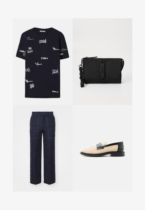 Schwarzes Baumwoll-T-Shirt mit weißen, handgeschriebenen "Marni"-Logos in unterschiedlichen Größen, die über den Stoff verteilt sind, Rundhalsausschnitt und kurzen Ärmeln.; Marineblaue weite Hosen mit kontrastierenden Nähten, ausgestattet mit einer hohen Taille und zwei vorderen Taschen für zusätzlichen Stil und Funktionalität.; Beiger gewebter Loafer mit schwarzem Lederbesatz, abgerundeter Spitze, schwarzer Sohle und dekorativem gesteppten Muster an der Oberseite.; Schwarze Nylon-Clutch-Tasche mit einem strukturierten Logo-Patch, einem Reißverschluss und einem verstellbaren Schulterriemen. Kompakte rechteckige Form.