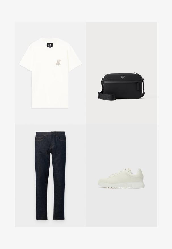 Weißes T-Shirt aus Baumwolle mit kurzen Ärmeln, das auf der Brust ein kleines, in Beige gesticktes Logo zeigt. Rundhalsausschnitt mit lockerer Passform.; Dunkelblaue Jeans aus Denim mit geradem Bein, ausgestattet mit einem Knopfverschluss, fünf Taschen und orangen Nähten.; Weiße Leder-Sneaker mit texturiertem Obermaterial, runder Zehenpartie, flacher weißer Sohle und tonalen Schnürsenkeln. Dezentes Branding auf der Zunge.; Schwarze rechteckige Umhängetasche mit vorderer Reißverschlusstasche, verstellbarem Schultergurt und kleinem Metalllogo oben in der Mitte.