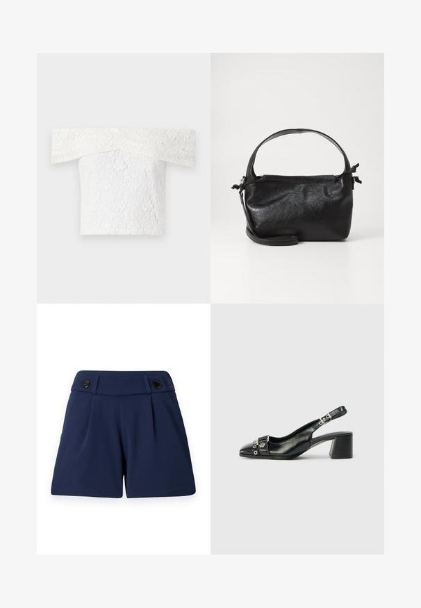 Top en dentelle blanche à épaules dénudées avec un motif floral texturé, un corsage structuré et une large bordure en dentelle au niveau du col.; Shorts ajustés bleu marine en tissu léger, avec deux plis devant et deux boutons noirs à la taille.; Sandale à talon en cuir noir avec un bout pointu, une sangle texturée ornée d'accents métalliques circulaires et un talon empilé.; Sac à main en cuir noir au design structuré, avec une poignée arrondie et une bandoulière amovible. Présente une texture lisse et un éclat subtil.