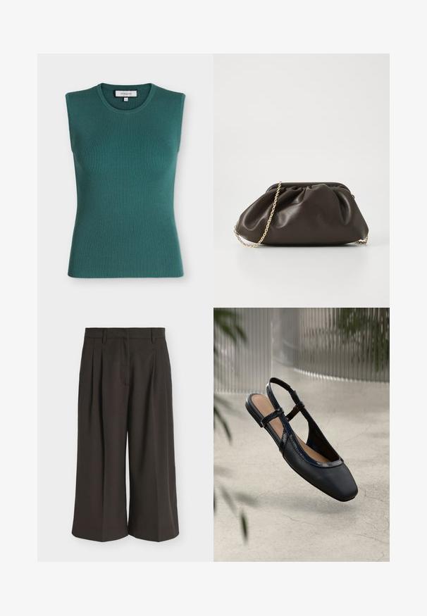 Haut sans manches en maille côtelée couleur bleu sarcelle foncé avec un col rond et une silhouette ajustée.; Pantalon large marron foncé avec des plis, des passants de ceinture et une fermeture éclair à l'avant, présenté sur un fond blanc uni.; Chaussure plate slingback en cuir noir avec un orteil carré, dotée d'un fini verni brillant et de sangles ajustables pour un maintien sécurisé.; Sac à main en cuir marron avec un design froncé, une bandoulière en chaîne dorée et une finition douce et texturée. Sa forme compacte est idéale pour une utilisation en soirée.