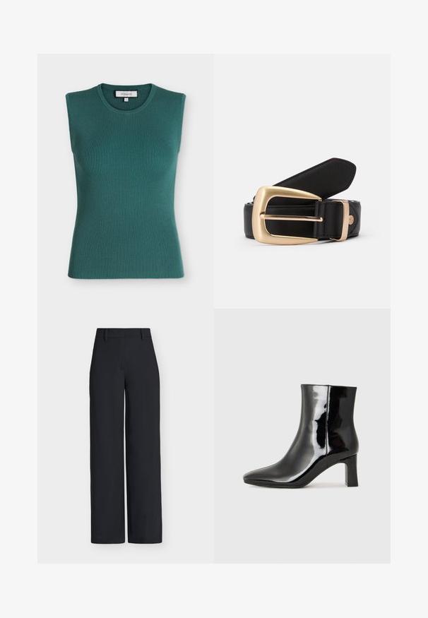 Haut sans manches en maille côtelée couleur bleu sarcelle foncé avec un col rond et une silhouette ajustée.; Pantalon noir taille haute à jambes larges, avec passants pour ceinture et fermeture dissimulée à l'avant.; Bottines en cuir verni noir avec un bout pointu et un talon block de hauteur moyenne. Texture lisse et design minimaliste.; Ceinture en cuir noir avec une boucle rectangulaire en or. La ceinture a une texture lisse et un subtil détail de couture le long des bords.