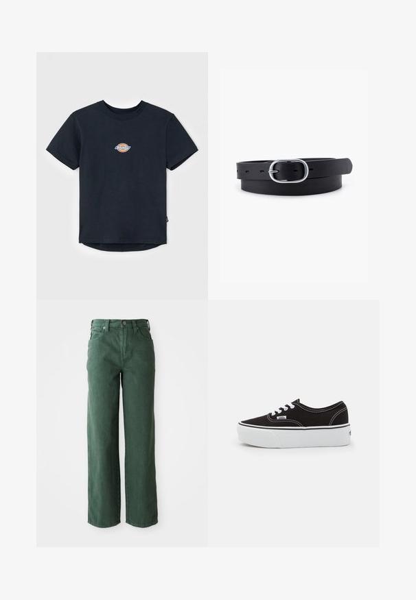 Camiseta de algodón negra con mangas cortas, cuello redondo y un pequeño logo multicolor en el pecho. Tiene un dobladillo recto y la parte trasera es ligeramente más larga.; Vaqueros verdes de pierna ancha hechos de denim. Presentan una cintura alta, piernas rectas, bolsillos frontales y cierre de botón metálico.; Zapatilla de lona negra con suela de plataforma de goma blanca, que presenta cordones y costuras blancas, con branding icónico en el lateral, diseño de corte bajo.; Cinturón de cuero negro con una textura suave, hebilla ovalada de metal plateado y múltiples agujeros de ajuste a lo largo de la correa. Diseño plano y minimalista.
