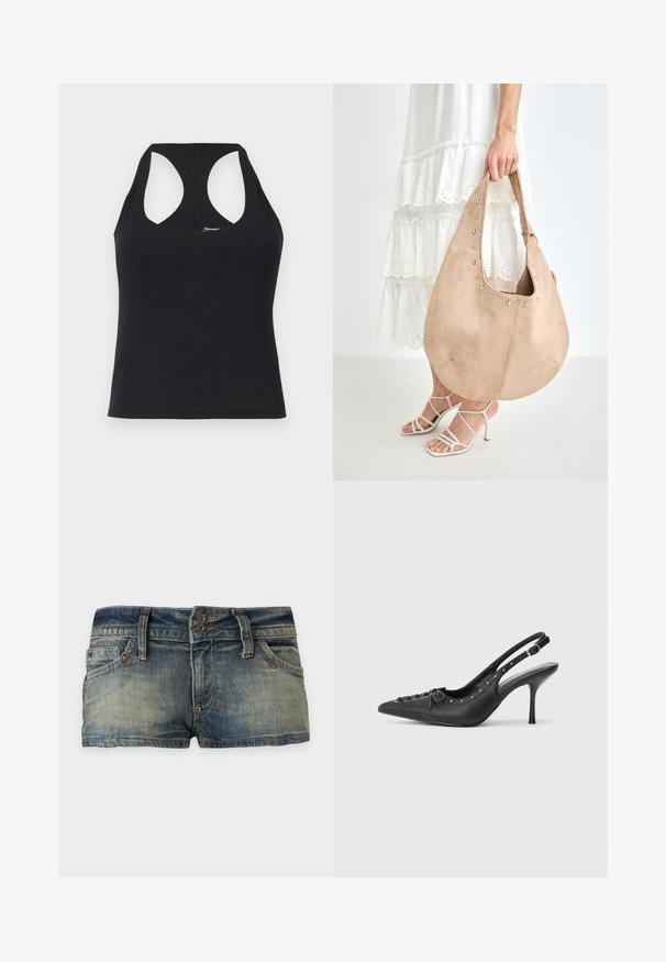 Débardeur noir en tissu lisse et extensible avec encolure dégagée et dos nageur. Il présente une ourlet droit et un branding minimal.; Short en denim bleu délavé avec coutures apparentes, passants de ceinture, poches avant et fermeture à double bouton, présenté sur un fond uni.; Escarpin en cuir noir à talon aiguille avec un bout pointu, une bride latérale à boucle, des clous le long du bord et un laçage décoratif à l'avant.; Sac hobo en daim couleur fauve avec des clous argentés le long du bord supérieur, présentant une forme arrondie et une seule bandoulière, tenu par une personne.