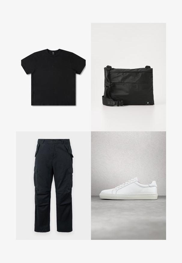 Sort kortærmet t-shirt lavet af bomuld med rund hals, med et diskret logo i midten og en afslappet pasform.; Svarte cargo bukser lavet af holdbart stof, med flere sidelommer, lige ben-design og en knaplukning ved taljen.; Hvide sneakers med en glat læderoverdel og lav profil. Har en rund tå, seks snørehuller og en tekstureret gummisål.; Sort nylon messenger-taske med justerbar rem, fladt design og et sideetiket med et logo. Glat tekstur og minimalistisk stil.