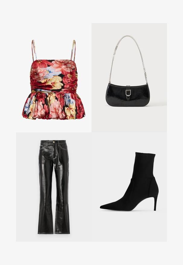Haut sans manches à fleurs rouges, roses, jaunes et bleues sur fond noir, avec des détails froncés et des bretelles fines.; Pantalon noir taille haute évasé en matériau brillant avec des coutures blanches contrastantes et une fermeture éclair à l'avant. Comprend deux poches avant.; Bottine noire à bout pointu et talon haut et fin, présentée de profil sur fond clair. Design épuré et minimaliste.; Sac à épaule en cuir verni noir avec détail de boucle argentée et bandoulière en chaîne argentée, présenté sur un fond uni clair.