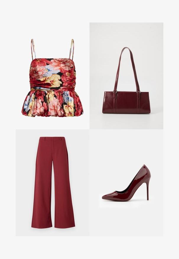 Haut sans manches à fleurs rouges, roses, jaunes et bleues sur fond noir, avec des détails froncés et des bretelles fines.; Pantalons larges d'une couleur bordeaux profond. Fabriqués dans un tissu lisse et extensible avec des coutures tailleur et une fermeture éclair à l'avant.; Escarpin en cuir verni bordeaux à talon haut avec bout pointu, design élégant et finition brillante ; équipé d'un talon aigu fin.; Sac à main bordeaux en matériau brillant, de forme rectangulaire, avec deux anses et des accents légèrement courbés à l'avant.