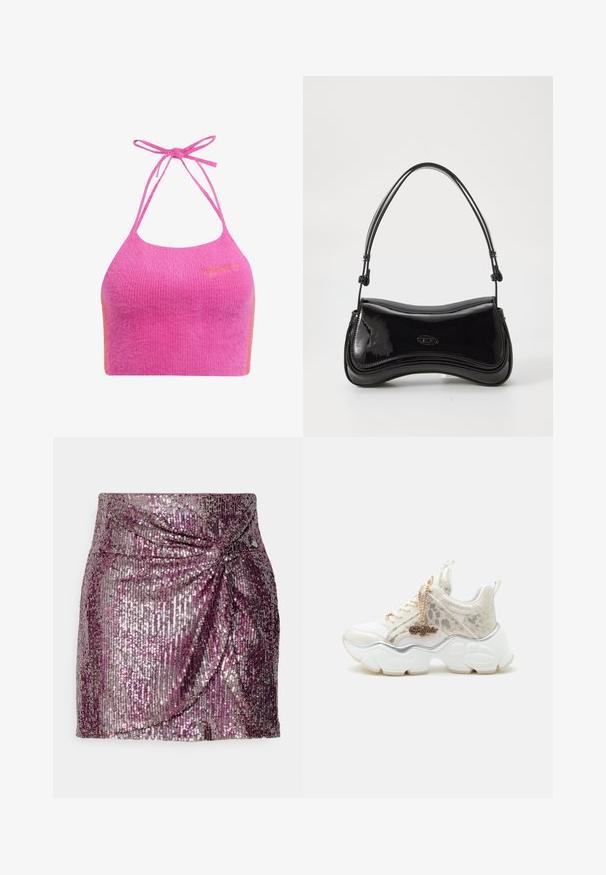 Vaaleanpunainen lyhyt halterneck-toppi pehmeässä, ribbimäisessä kankaan tekstuurissa, jossa on ohuet olkaimet ja oranssi korostus. Edessä brodeerattu brändilogo.; Minihame sequins, jossa on purppura- ja hopeagradientti, drapeerattu etusuunnittelu ja tiukkasuunta. Sileä pinta ja hohtava lopputulos.; Valkoinen paksu tennari, jossa leopardikuvioidut yksityiskohdat, paksu muotoiltu pohja ja kultainen "Buffalo"-riipus nauhoissa yksinkertaista vaaleaa taustaa vasten.; Mustan lakatun nahkataskun kaareva muoto, jossa on yksi kahva ja pyöreä pohja. Etuosassa on hienovarainen logo.
