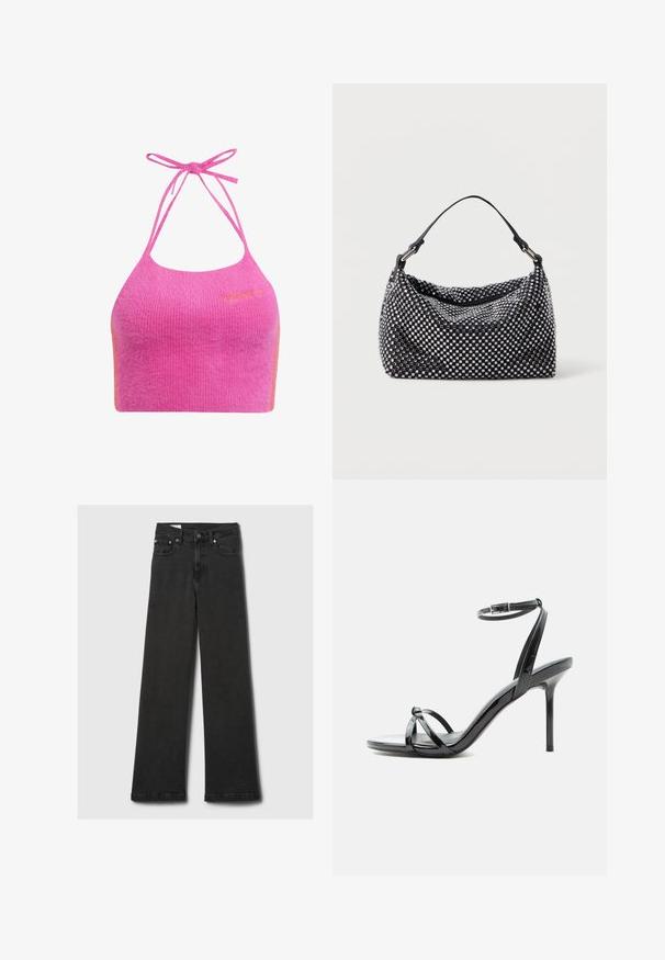 Rosa, kurz geschnittenes Halterneck-Top aus weichem, geripptem Material mit Spaghettiträgern und einem orangen Akzent. Mit gesticktem Markenlogo auf der Vorderseite.; Schwarz-hochgeschnittene gerade Jeans mit fünf Taschen und kupferfarbenen Nieten, flach auf einem hellgrauen Hintergrund ausgelegt.; Schwarze Sandale aus Lackleder mit hohen Absätzen, dünnen Riemen über den Zehen und einem Knöchelriemen mit Schnalle auf weißem Hintergrund.; Schwarze und silberne Handtasche mit einer gewobenen, strukturierten Oberfläche, die quadratische Muster aufweist, einem einzelnen oberen Griff und einem lässigen Design.