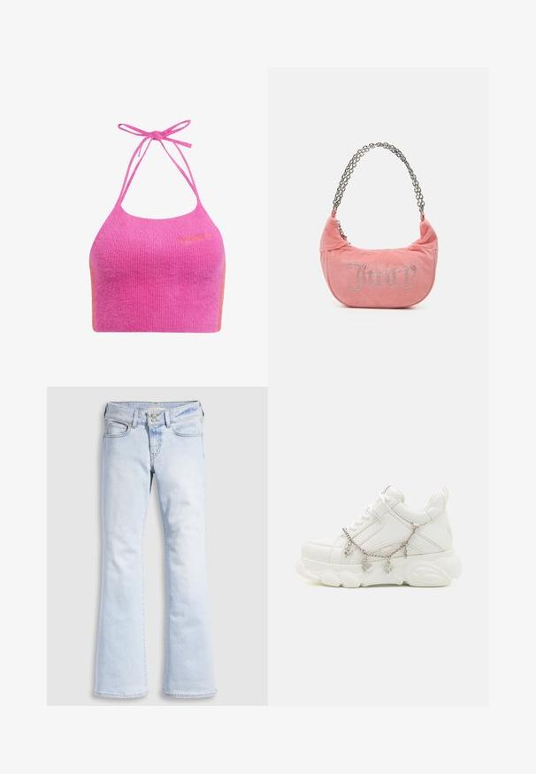 Roze cropped haltertop in een zachte, geribbelde textuur met spaghettibandjes en een oranje accent. De merklogo is geborduurd op de voorkant.; Lichtblauwe denim flare jeans met hoge taille, voorzien van een knoopsluiting, vijf zakken en subtiele wassing bij de heupen.; Witte sneakers met een dikke zool, een gestructureerde leren bovenkant en een decoratieve metalen ketting met bedels. Voorzien van vetersluiting en een gevoerd kraagje.; Juicy Couture KIMBERLY SMALL SET - Handtas - pink