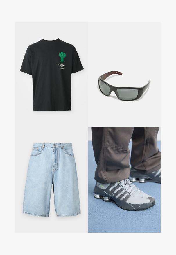 T-shirt noir à manches courtes avec un cactus cartoon vert et le texte blanc "Conditions Gear Big Bend, Texas" sur la poitrine gauche.; Shorts en denim bleu clair avec une coupe décontractée, dotés de deux poches avant, d'un zip et de coutures apparentes.; Des baskets Nike Shox grises et argentées présentent un design élégant, avec des matériaux en mesh et synthétiques, un bout arrondi et un col rembourré.; Arnette HOT SHOT - Lunettes de soleil - dark grey