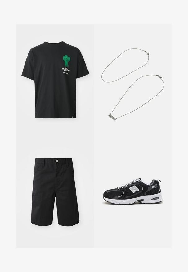 Sort t-shirt med korte ærmer med en grøn tegneserie-kaktus og hvid tekst "Conditions Gear Big Bend, Texas" på venstre bryst.; Sorte bomuldsshorts med lige snit, bæltestropper, metalknaplukning og uden synlige mønstre eller accenter.; Sorte og grå sportssko med mesh og ruskind på overdelen, der har en hvid mellemsål, snørebånd og et iøjnefaldende "N" logo på siden.; Jack & Jones PENDANTBATMAN 2 PACK - Armbånd - silver-coloured
