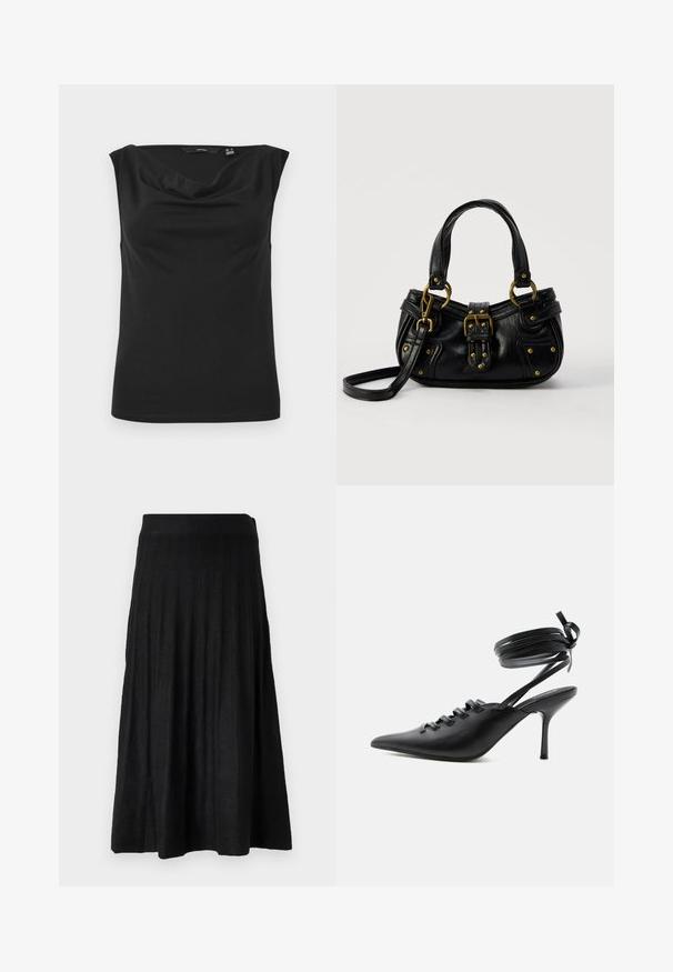 Haut noir sans manches en tissu lisse et extensible ; il présente un décolleté drapé et une silhouette ajustée avec un ourlet droit.; Jupe plissée noire en tissu doux, dotée d'une taille côtelée et d'un design fluide qui s'étend jusqu'à mi-mollet.; Chaussure à talon haut noire à bout pointu avec laçage à l'avant et brides enroulées autour de la cheville nouées en nœud, vue de côté sur fond blanc.; Sac à main en cuir noir avec boucle dorée et détails à rivets, poignées courtes et bandoulière réglable sur fond blanc uni.