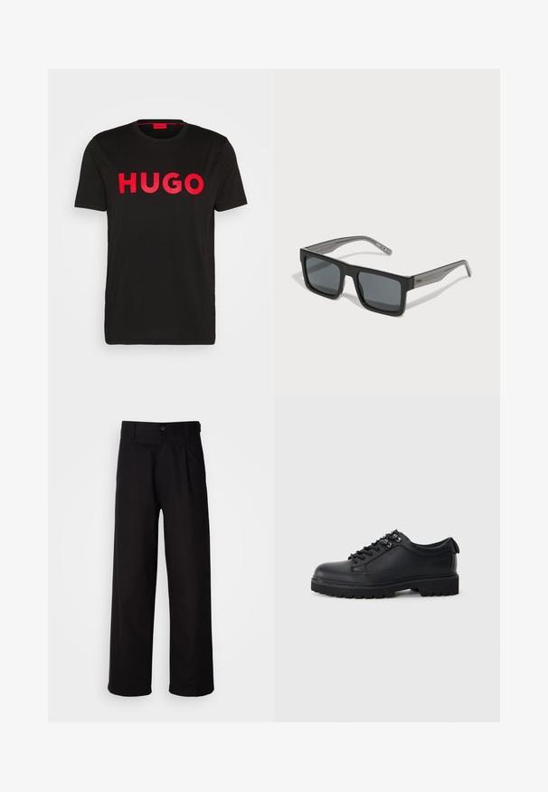 Zwarte katoenen T-shirt met op de voorkant gedurfde rode "HUGO" tekst, korte mouwen, ronde hals en een relaxte pasvorm.; Zwarte broeken van gladde stof, met een rechtlopende pijpontwerp, frontplooien en een enkele knoopsluiting bij de taille.; Zwarte leren schoenen met een ronde neus, metalen oogjes voor veters, gestructureerde rubberen zool en versterkte hieltab. Casual ontwerp.; HUGO Zonnebril - black