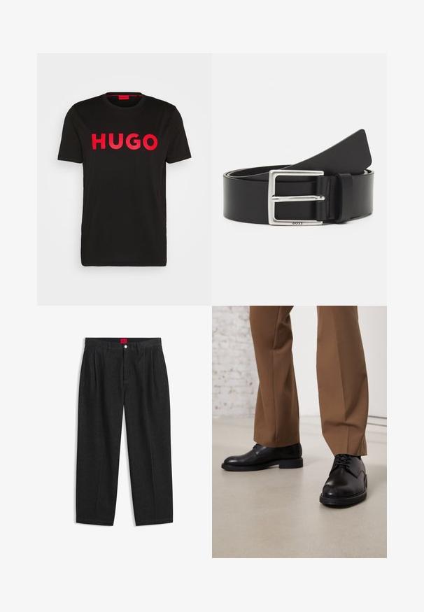 Schwarzes Baumwoll-T-Shirt mit fettem roten "HUGO"-Schriftzug auf der Vorderseite, kurzen Ärmeln, rundem Ausschnitt und lässiger Passform.; Schwarze Hose mit hoher Taille, vorderen Falten, Gürtelschlaufen, Knopf- und Reißverschluss sowie einem roten Etikett innen am Bund.; Schwarze Lederschuhe mit glatter Oberfläche und runder Zehenpartie, mit Schnürverschluss und einer flachen, niedrigen Sohle. Kombiniert mit braunen Hosen.; Schwarzer Ledergürtel mit einer rechteckigen silbernen Schnalle, verfügt über dezente Markenkennzeichnung und eine glatte Textur. Die Enden laufen zu einer abgerundeten Form zu.