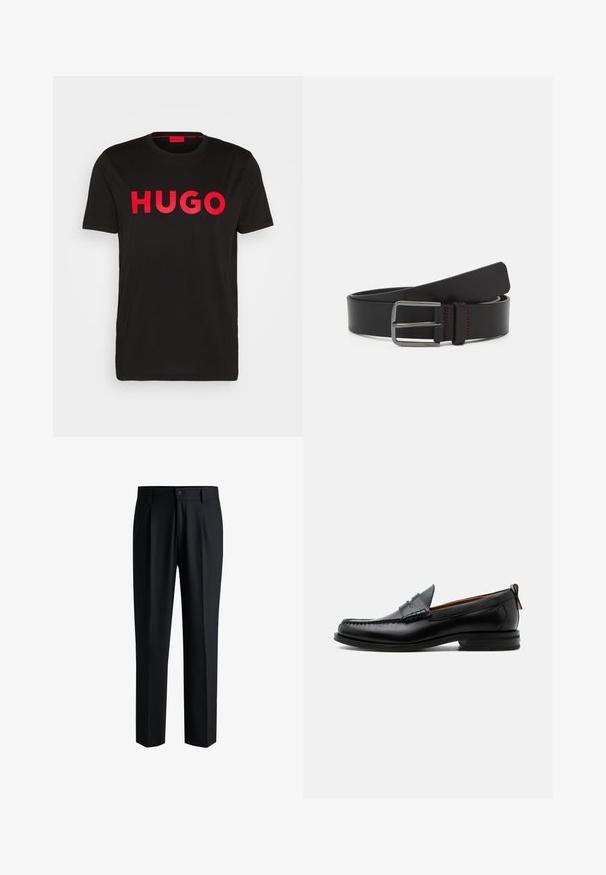 Zwarte katoenen T-shirt met op de voorkant gedurfde rode "HUGO" tekst, korte mouwen, ronde hals en een relaxte pasvorm.; Zwarte broek van gladde stof, met een rechte pijpdesign, plooien aan de voorkant en een knoopsluiting met riemlussen.; Zwarte leren herensloffen met moc toe stiksel, pennyriem, gestructureerde kraag en lage gestapelde hak op witte achtergrond.; Zwarte leren riem met een plat ontwerp, metalen gesp en rode stikseldetails. Gladde textuur en ronde uiteinden.