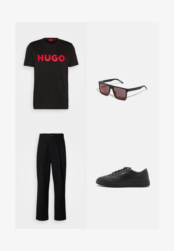 T-shirt en coton noir avec le texte "HUGO" en rouge vif sur le devant, manches courtes, col rond et coupe décontractée.; Pantalons noirs à jambes droites avec une taille à bouton, passants de ceinture et pli avant, présentés sur un fond blanc uni.; Baskets en cuir noir avec une texture lisse, bout rond, semelle en caoutchouc plate et lacets ton sur ton. Présente une marque "BOSS" dorée sur le côté.; Lunettes de soleil rectangulaires noires avec des verres rouge foncé, présentant une finition mate et un logo rouge sur la branche. Monture en plastique robuste.