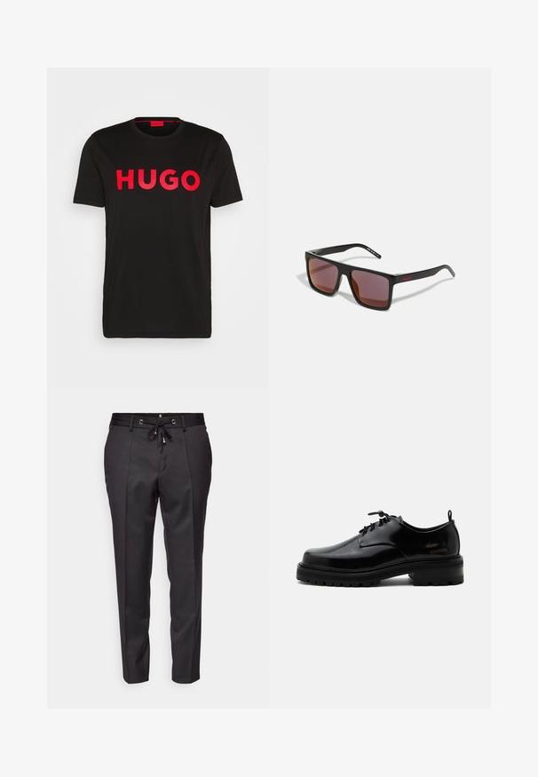 T-shirt en coton noir avec le texte "HUGO" en rouge vif sur le devant, manches courtes, col rond et coupe décontractée.; Pantalons noirs ajustés avec une taille à cordon, devant plissé et ourlets à revers. Fabriqués en tissu lisse avec une coupe structurée.; Chaussure en cuir noir poli à lacets, semelle en caoutchouc épaisse et talon bas, texte de marque "SAMSOE" sur le côté et languette arrière.; Lunettes de soleil rectangulaires noires avec des verres rouge foncé, présentant une finition mate et un logo rouge sur la branche. Monture en plastique robuste.