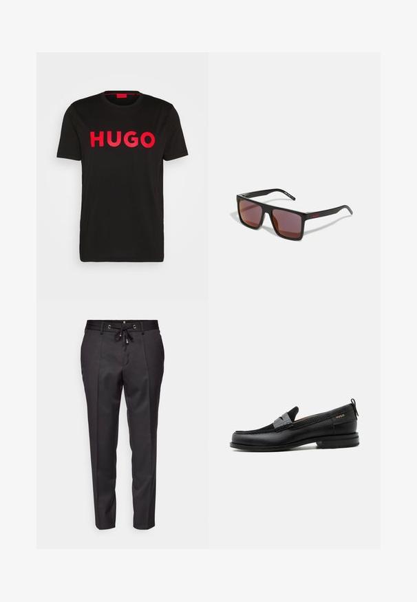 T-shirt en coton noir avec le texte "HUGO" en rouge vif sur le devant, manches courtes, col rond et coupe décontractée.; Pantalons noirs ajustés avec une taille à cordon, devant plissé et ourlets à revers. Fabriqués en tissu lisse avec une coupe structurée.; Mocassin en cuir noir avec détail de bride grise, talon bas et semelle texturée, marqué "HUGO" en or sur le côté.; Lunettes de soleil rectangulaires noires avec des verres rouge foncé, présentant une finition mate et un logo rouge sur la branche. Monture en plastique robuste.