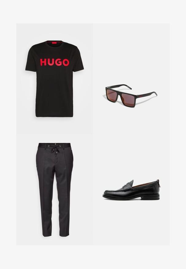 Schwarzes Baumwoll-T-Shirt mit fettem roten "HUGO"-Schriftzug auf der Vorderseite, kurzen Ärmeln, rundem Ausschnitt und lässiger Passform.; Schwarze maßgeschneiderte Hose mit einem verstellbaren Bund, gefalteter Front und umgeschlagenen Säumen. Hergestellt aus glattem Stoff mit strukturiertem Sitz.; Schwarzer Leder-Herrenschuh mit Mokassinnaht, Penny-Riemen, strukturiertem Kragen und niedrigem gestapeltem Absatz auf weißem Hintergrund.; Schwarze rechteckige Sonnenbrille mit dunkelroten Gläsern, mit matter Oberfläche und rotem Logo am Bügel. Robuster Kunststoffrahmen.