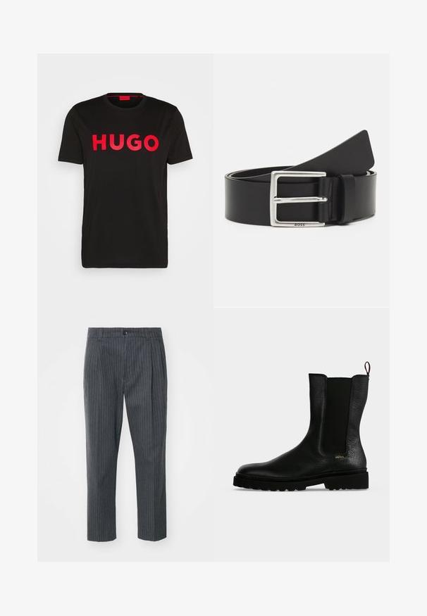 Zwarte katoenen T-shirt met op de voorkant gedurfde rode "HUGO" tekst, korte mouwen, ronde hals en een relaxte pasvorm.; Grijze pinstripe broek met een recht model, voorzien van een knoopsluiting en een soepele stoftextuur. Getailleerde pasvorm met plooien.; Zwarte leren enkellaars met elastisch zijpaneel, dikke zool en treklus aan de achterkant, met een klein gouden "Hugo" logo vlak bij de hiel.; Zwarte leren riem met een rechthoekige zilveren gesp, met subtiele branding en een gladde textuur. De uiteinden lopen taps toe naar een afgeronde finish.